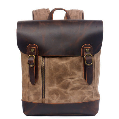 Retro Oil Wax Canvas Crazy Horse Leather Heavy‑Duty Waterproof Rucksack for Outdoors & Travel