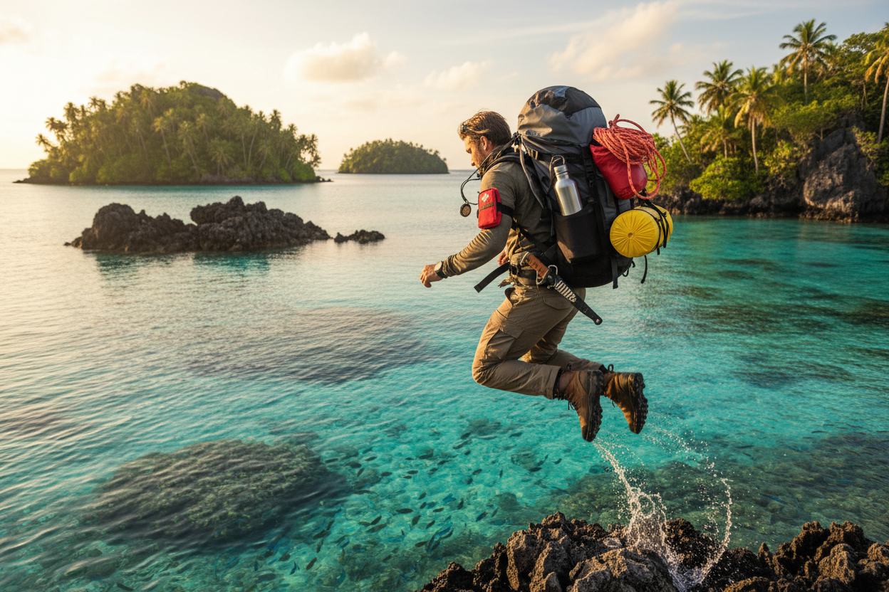 Show adventurer island hopping. include essential survival equipment