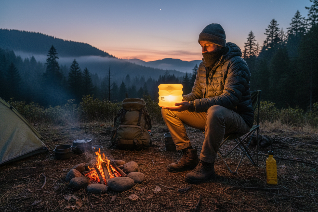 show an adventurer using a inflatable lantern in the wild