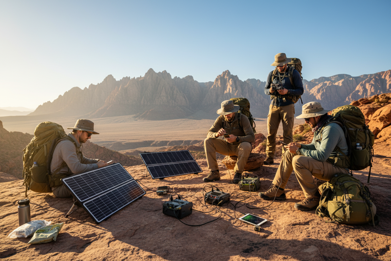 Show explorers using power saving equipment. Include remote solar panel, charging stations, battery power banks in a remote and sunny setting